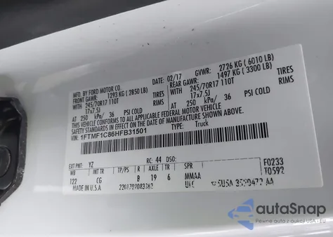 2017 Ford F-150 Xl z USA, uszkodzony, nr VIN 1FTMF1C86HFB31501